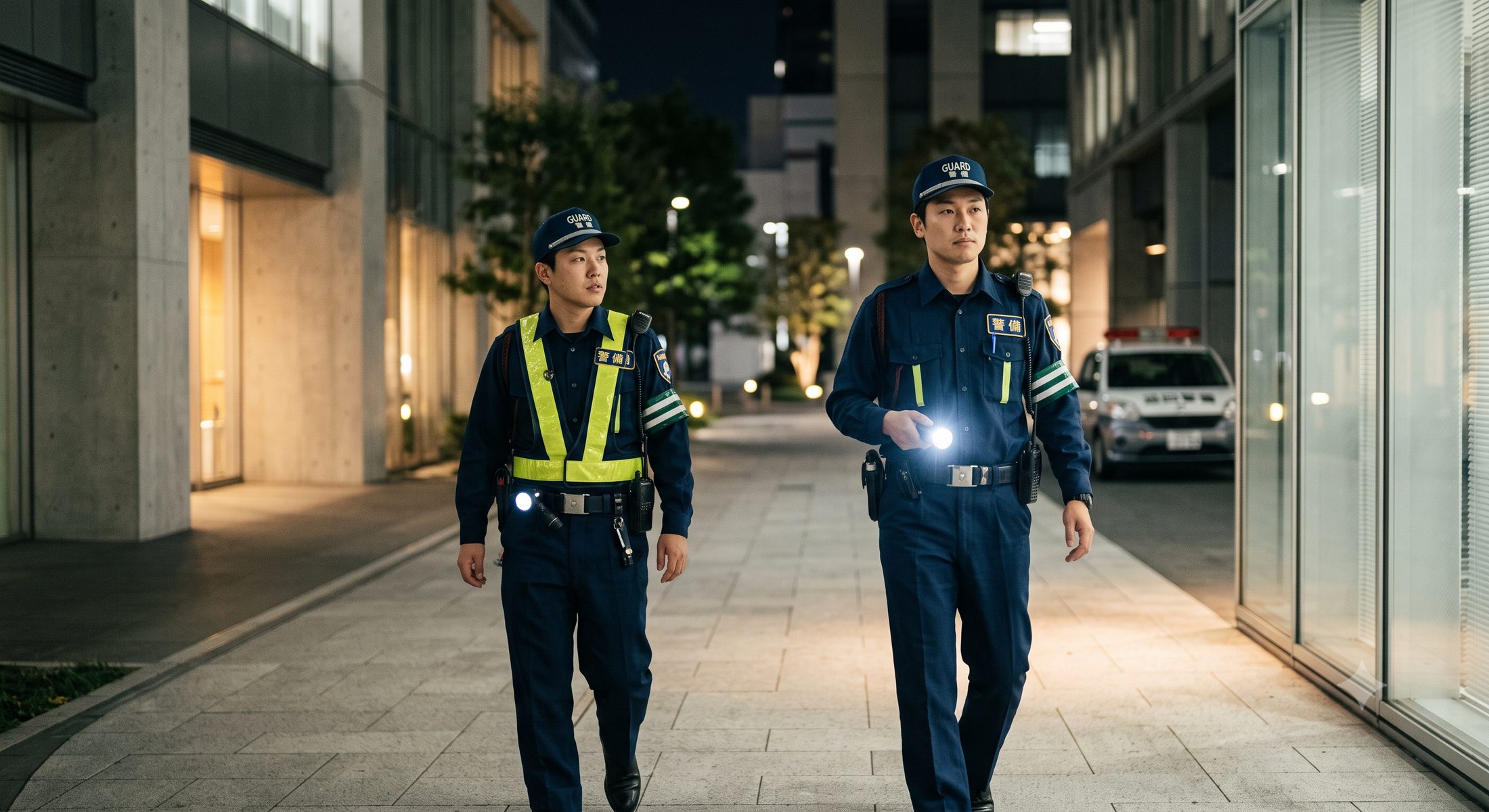 夜間のオフィス街を懐中電灯を持って巡回する警備スタッフ2名